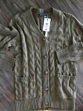 MEROKEETY Women's Classic Style Olive Green Cable Knit Cardigan Sweater NWT/L